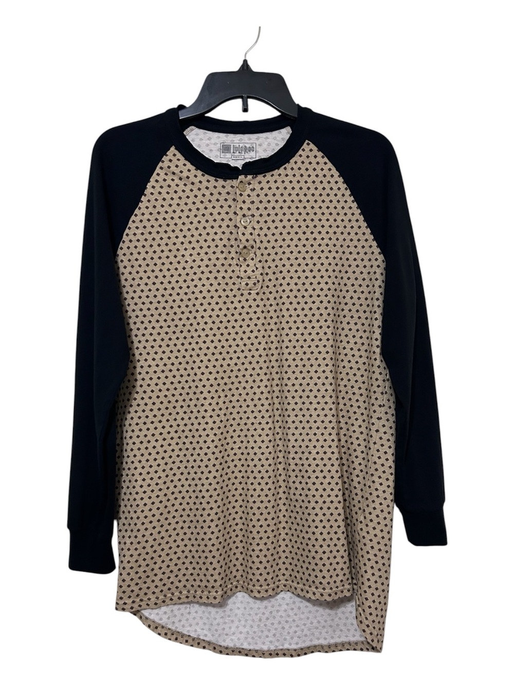 LuLaRoe Small Henley Shirt Geometric Diamond Print Tan Black Raglan Sleeve